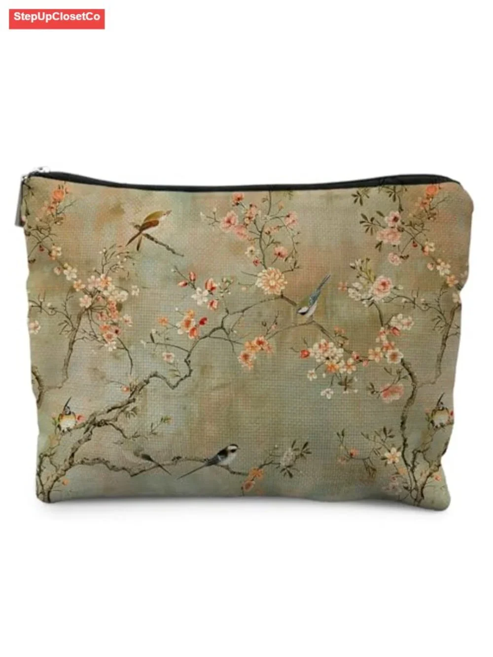 Vintage Cherry Blossom Birds Makeup Bag, Chinoiserie Floral Cosmetic Pouch,